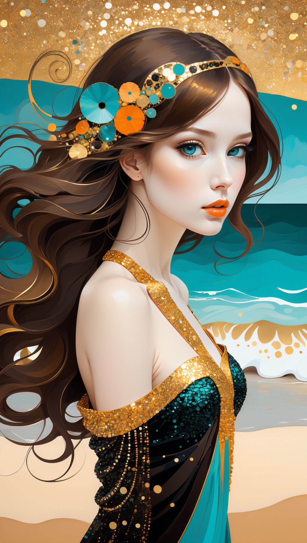 00501-407332521-A beautiful girl on a beach, simple drawing, abstract illustration in style of Gustav Klimt, a touch of black and teal, sparkly,.png